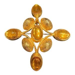 Vintage Gold Tone Amber Glass Cabochon Cross Brooch Statement Pin J10